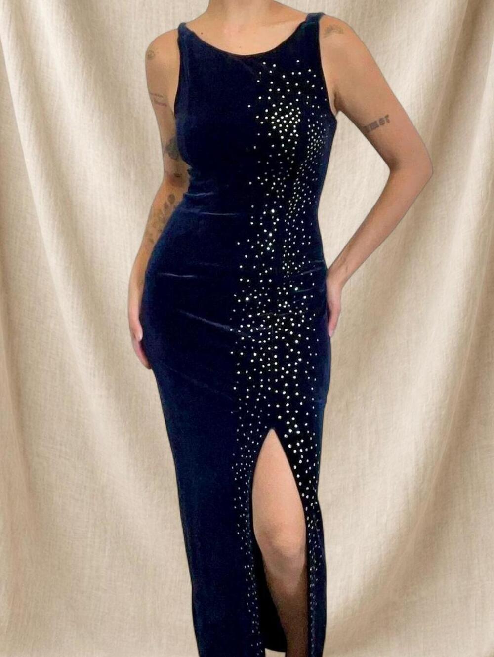 Morgan & Co navy blue velvet maxi dress with silver glitter sparkle & front slit